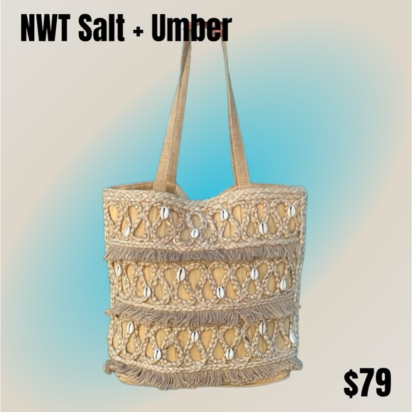 NWT SALT + UMBER 100% NATURAL & RECYCLED MATERIALS ISLA JUTE AND SEASHELL TOTE - Picture 2 of 10